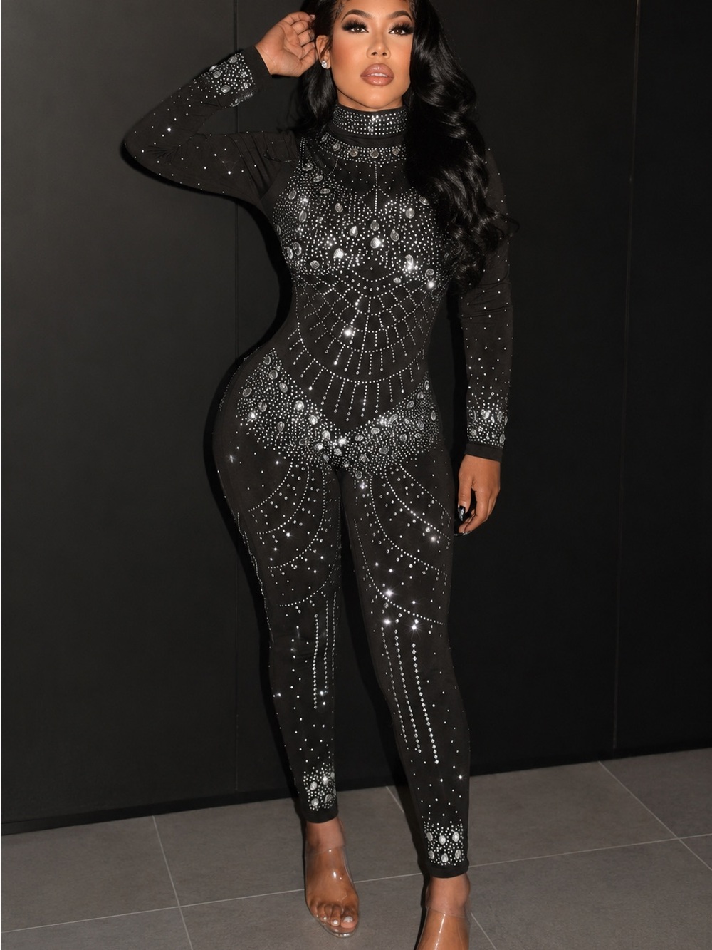 Black Embellished Sheer Long-Sleeve Jumpsuit